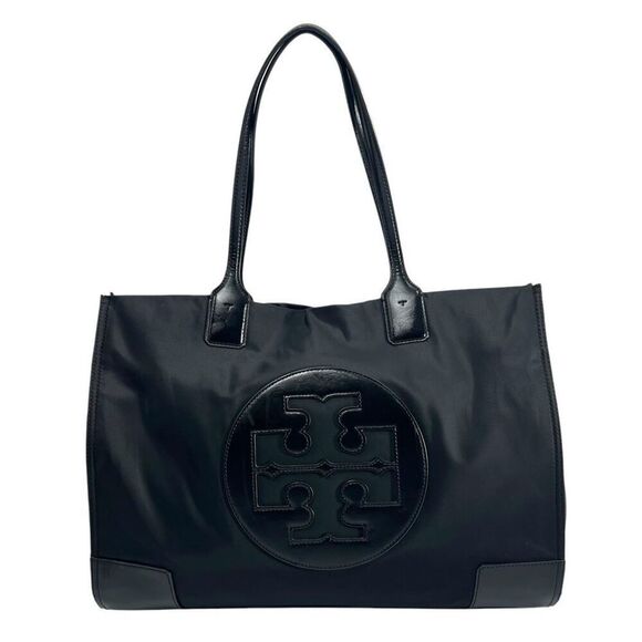 Tory Burch Large Tote Bag Black Ella Nylon Patent Leather Trim Handbag Logo - Picture 1 of 12